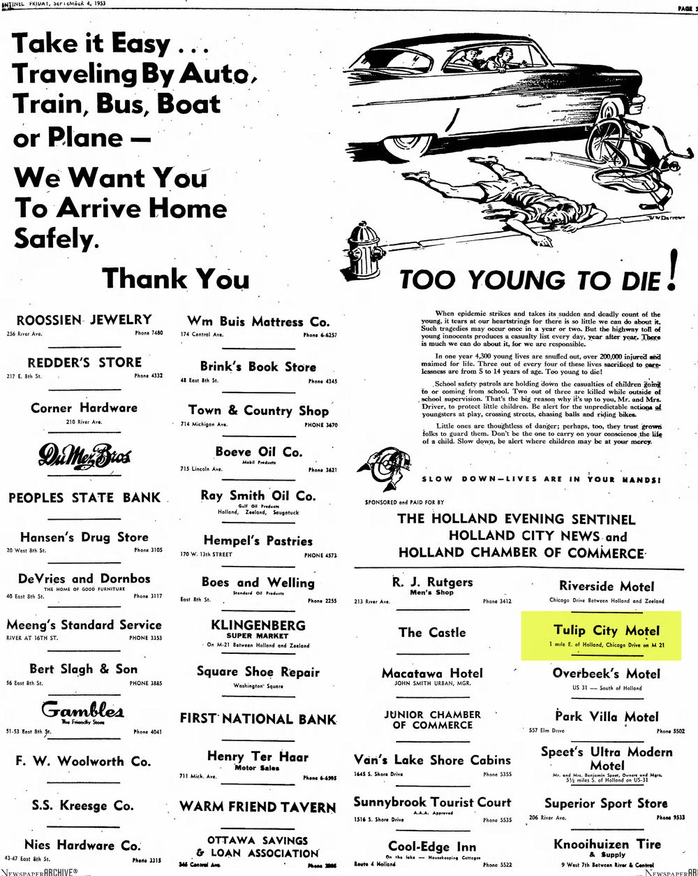 Tulip City Motel - Sept 1953 Full Page Ad Holland Evening Sentinel
